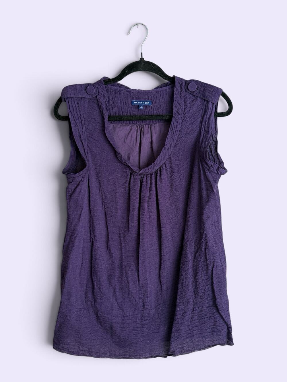 Martin + Osa Sz 8 Sleeveless Blouse Button Shouldet Crepe Cotton Purple 2010s